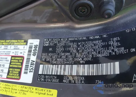 2014 Toyota Sienna Le V6 8 Passenger z USA, uszkodzony, nr VIN 5TDKK3DC7ES444912